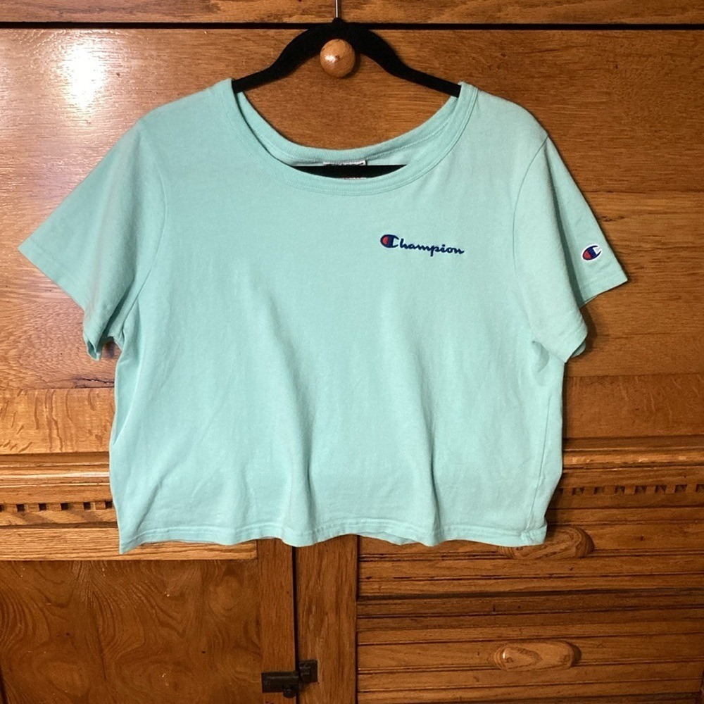 Champion Y2K Athleisure Heritage Mint Cropped Script‎ Logo T-Shirt Sleeve Logo